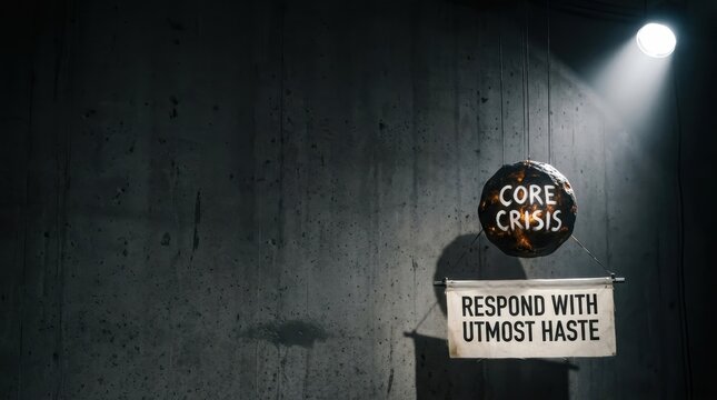 Circular Sign Reading 'CORE CRISIS' and Banner Stating 'RESPOND WITH UTMOST URGENCY' Against a Textured Grey Wall