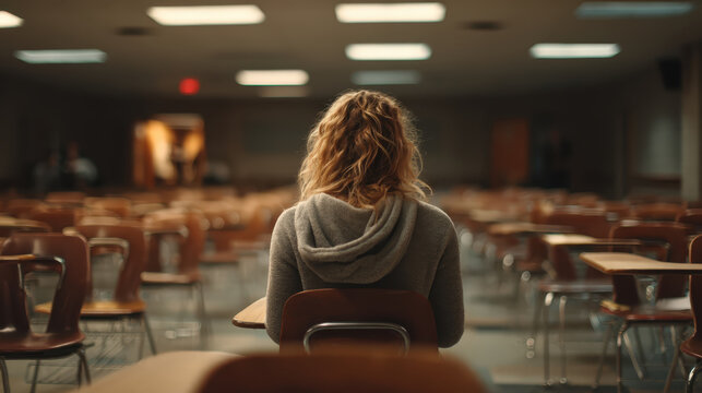 A lone student sits in an empty classroom, her back to the camera, with a sense of isolation and introspection amidst rows of vacant desks.