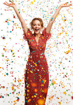A young woman in a red, embellished dress throws her arms up in joy as colorful confetti rains down around her, her face alight with a vibrant smile.