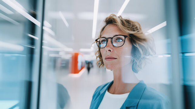 A professional woman with glasses looks forward with determination, her gaze fixed on the future as she navigates a modern, bright, and dynamic environment.