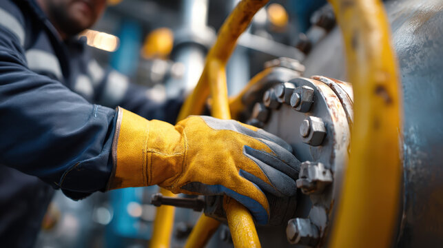 Industrial worker's gloved hand adjusts a large valve on complex machinery, highlighting precision and engineering in an industrial setting.