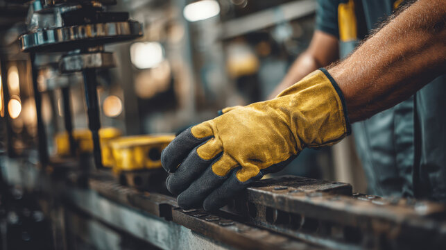 Close-up on a worker's gloved hands guiding a metal component along an industrial conveyor belt in a factory setting, highlighting precision and manufacturing.