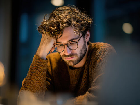 A man with curly hair and glasses rests his head on his hand, looking down with a pensive expression. The soft lighting and blurred background create an intimate and introspective atmosphere.