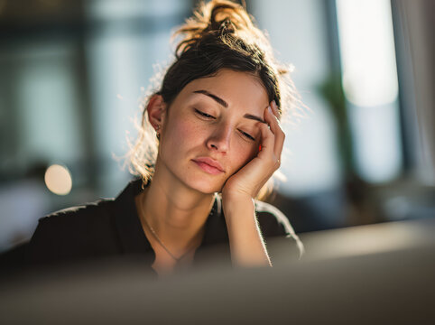 A young woman with her eyes closed rests her head on her hand, looking exhausted and overwhelmed.