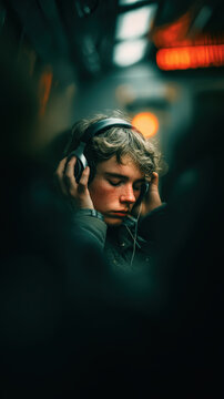 A young person with headphones on listens intently to music, eyes closed in a moment of serene contemplation. The blurred background suggests a public commute.