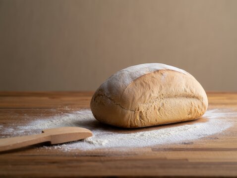 Freshly Baked Loaf of Bread on Wooden Table