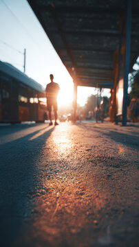 A solitary figure stands silhouetted against a brilliant sunset at a train station platform, casting long shadows across the textured ground, evoking a sense of contemplation and journey.