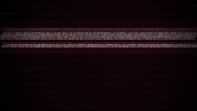 Binary code lines scrolling downward across a dark red and black digital background