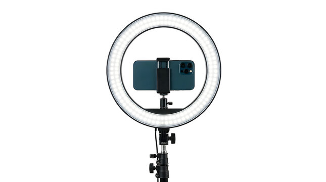 Led ring light with smartphone holder for content creation as cut out PNG