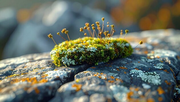 Vibrant Moss and Lichen Growing on Weathered Rock Surface.
