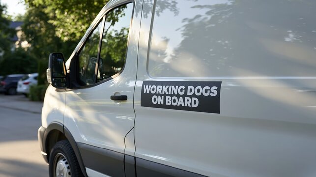 White utility van side panel displaying a Working Dogs On Board sign, highlighting animal welfare and safety