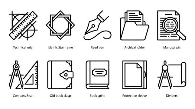 Ten minimalist blackline icons depicting archival and drafting tools arranged in two rows with labels