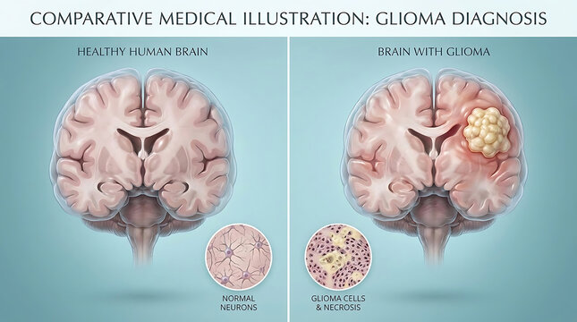 Healthy Brain Versus Glioma Infiltrating Tumor Mass and Pseudopalisading Necrosis