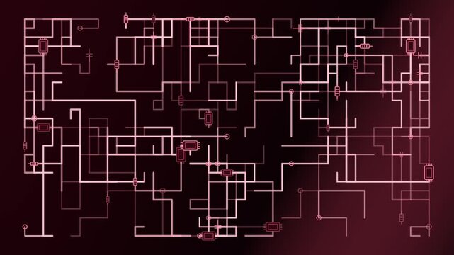 Abstract Electronic Circuit Network with Changing Glowing Pathways on Dark Red Background