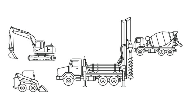 Heavy Construction Machinery Line Icon Set Featuring Excavator Digger, Drilling Rig Truck, Concrete Mixer, and Skid Steer Loader Vector Graphic Collection