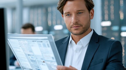 Fototapeta premium Man in suit analyzing transparent digital screen information