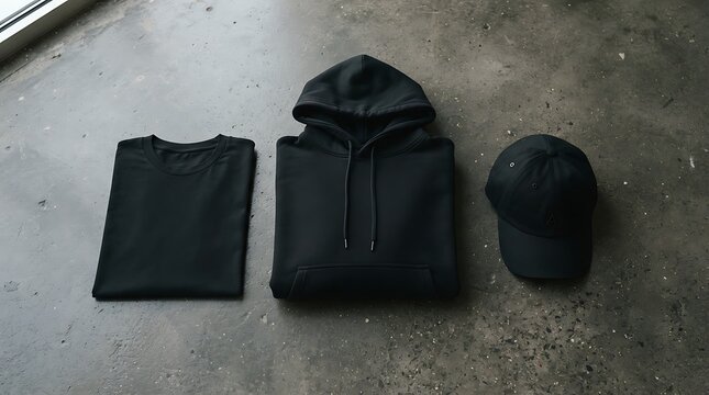Black tshirt, hoodie, and cap flat lay on concrete background