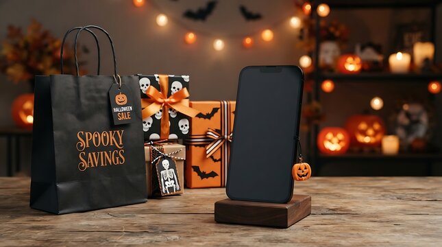 Halloween shopping with smartphone, bag, gifts, and festive decor