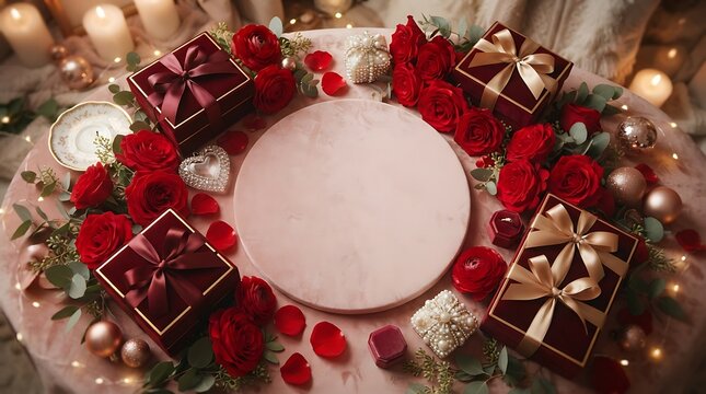 Valentines day gift boxes with red roses and candles