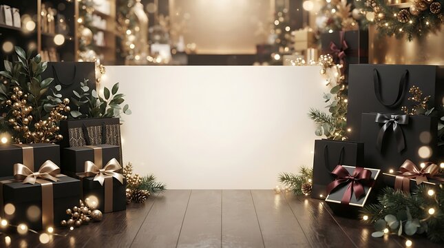Elegant christmas holiday background with gifts, lights, and copy space