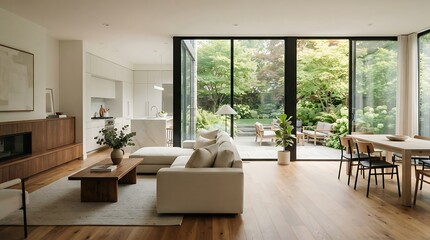 Fototapeta premium Modern living room with kitchen and garden view