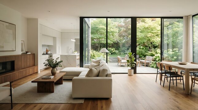 Modern living room with kitchen and garden view