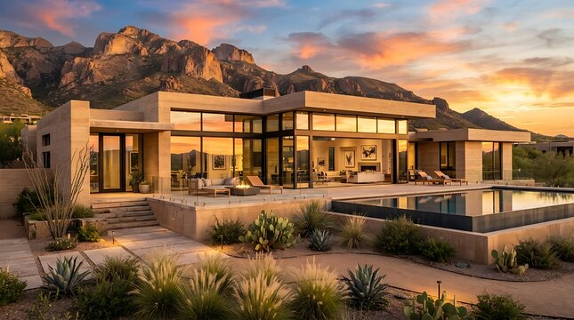 Modern luxury desert home with infinity pool at sunset in arizona