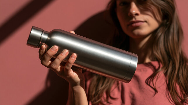 Young Woman Holding Reusable Stainless Steel Water Bottle