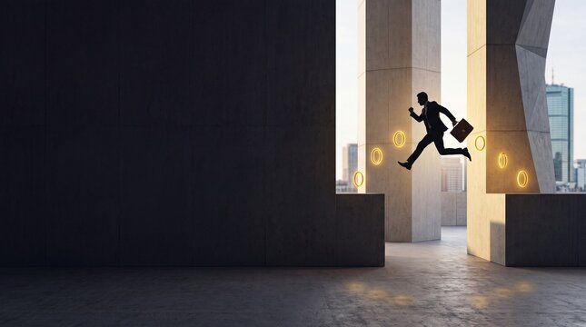 Businessman Jumping Across Gap Collecting Glowing Coins