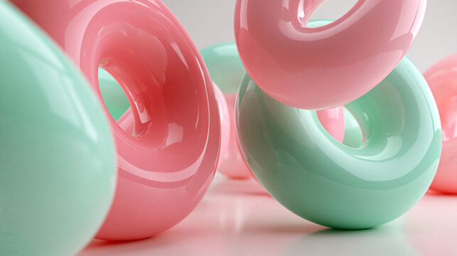 Abstract 3D Render of Glossy Pastel Geometric Torus Shapes