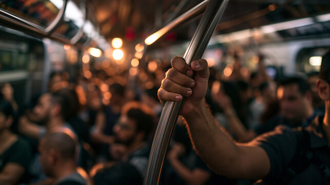 Commuter Holding Handrail Inside Crowded Subway Train at Rush Hour