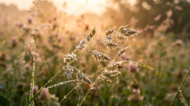 Dew drops on grass in a meadow at sunrise with soft golden light