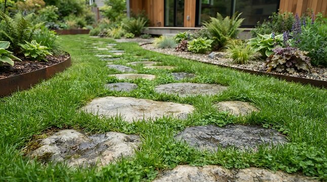 Stepping stone path through a lush green garden with modern landscaping