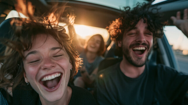 Cheerful Young Friends Enjoying Road Trip in Car at Sunset