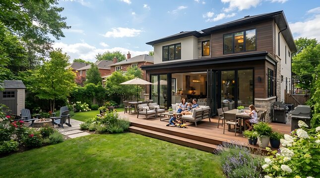 Modern luxury home with spacious wooden deck and family in backyard