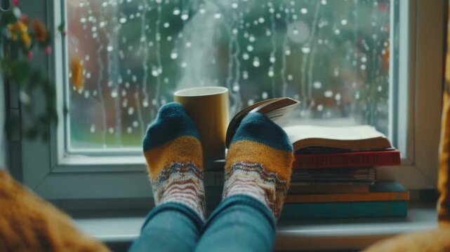 Cozy Indoor Relaxation with Warm Socks and a Hot Drink Watching the Rain Outside Perfect for Comfort and Cheerful Moments. Generative AI