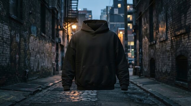 Floating dark grey hoodie mockup in an urban alleyway at dusk