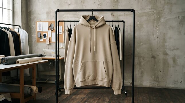 Beige oversized hoodie hanging on a clothing rack in a fashion studio