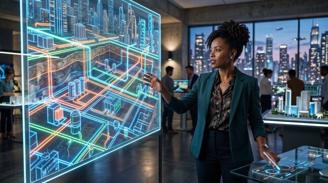 Woman planning futuristic energy grid on interactive holographic displ