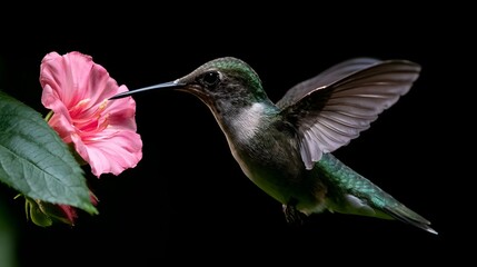 Fototapeta premium A hummingbird hovers near a pink flower against a dark background its wings blurred by motion as it feeds