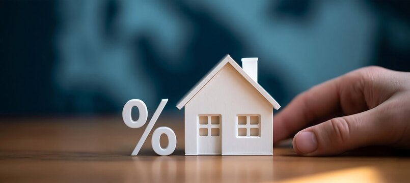 Miniature wooden house model with a percentage sign representing mortgage interest rate concept