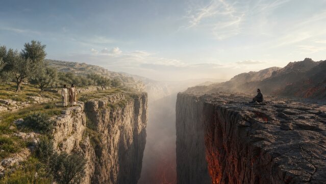 Abraham and Lazarus separated from the rich man by a great chasm. Biblical parable of divine justice, salvation, suffering, repentance, and the afterlife.