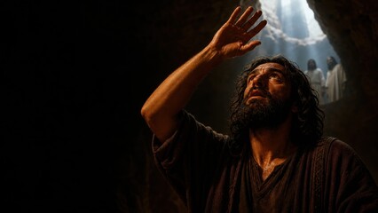 Fototapeta premium Lazarus raises his hand toward Abraham and angels beyond the great chasm. Biblical parable of mercy, judgment, suffering, faith, and hope after death.