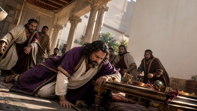 Rich man collapsing beside a lavish banquet table while guests react in an ancient villa. Biblical parable of wealth, mortality, pride, and spiritual warning.