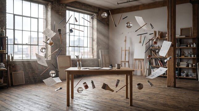Art supplies floating in a sunlit creative studio workshop