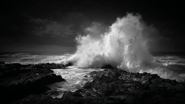 Powerful crashing waves against rugged cliffs in dramatic coastal nighttime scene, evocative of raw natural energy and stormy atmosphere for cinematic visuals