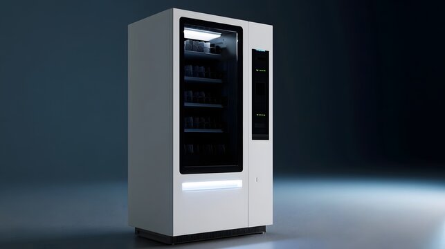 Modern white vending hine with illuminated glass door and digital interface displaying green status lights against dark background