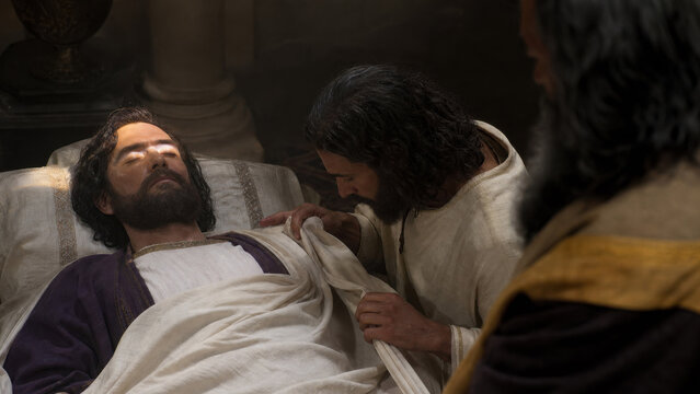 Biblical scene of a grieving man mourning beside a deceased wealthy man in an ancient chamber. Dramatic religious storytelling about death, compassion, and the parable of Lazarus and the rich man.