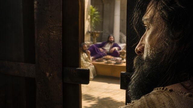 Lazarus looks through a villa gate toward a rich man feasting. Biblical parable of compassion, poverty, wealth, social inequality, and spiritual judgment.