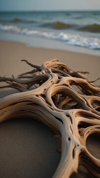 Driftwood Sculpture on a Sandy Beach with Ocean Waves